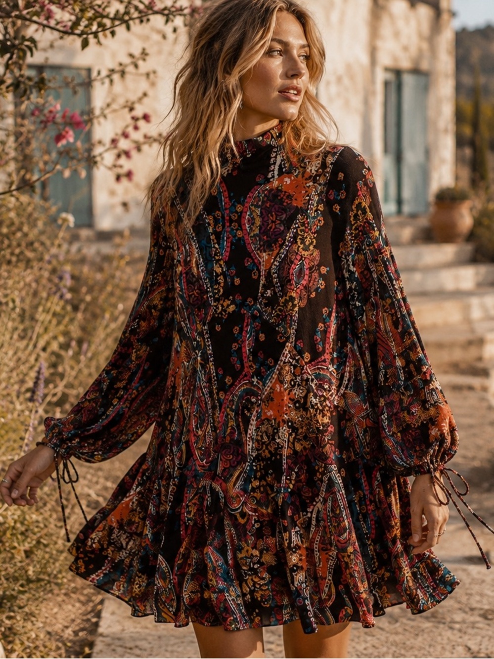 NWT! FREE PEOPLE All Dolled Up Paisley Open Back Mini Dress, soft knit, M. - Picture 13 of 14